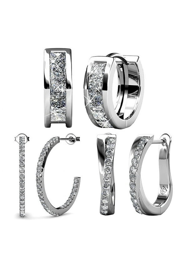 Pack of 3 - Giselle, Amaya & Rosalyn 18k White Gold Plated Hoop Earrings with Swarovski Crystals for Women