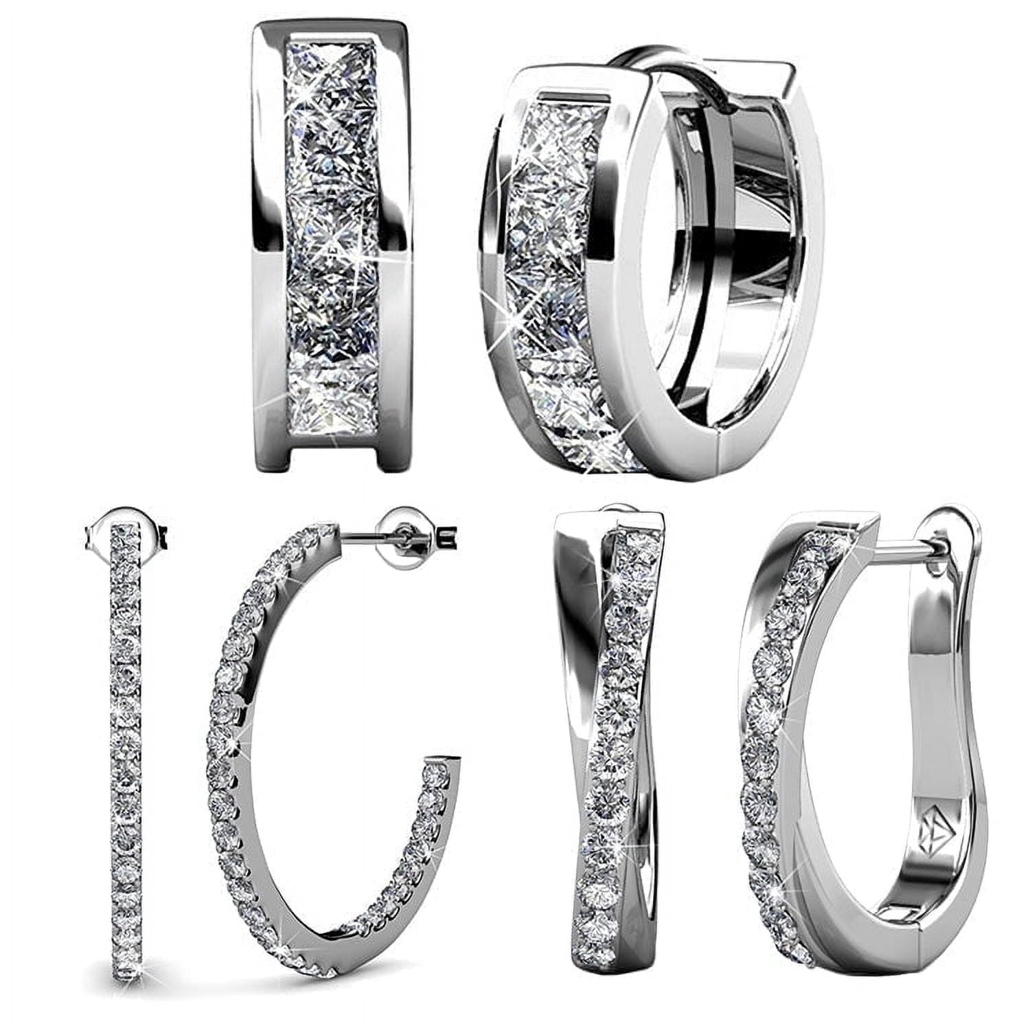 Cate & Chloe Pack of 3 - Giselle, Amaya & Rosalyn 18k White Gold Plated Hoop Earrings with Swarovski Crystals for Women