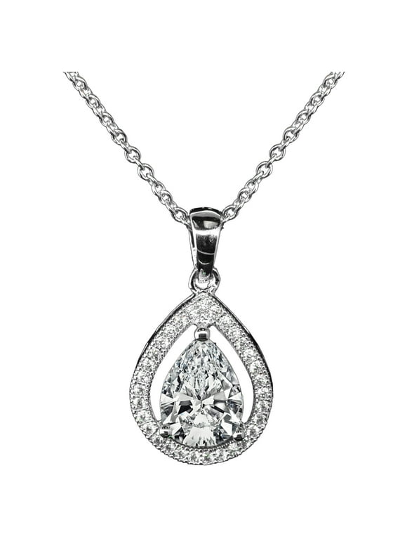 Cate & Chloe Isabel 18k White Gold Plated Silver CZ Pendant Necklace | Halo Teardrop Crystal Necklace