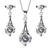 Cate & Chloe Isla 18k White Gold Plated Silver Jewelry Set | Eiffel Tower Drop Dangle Earrings and Necklace with Swarovski Crystals
