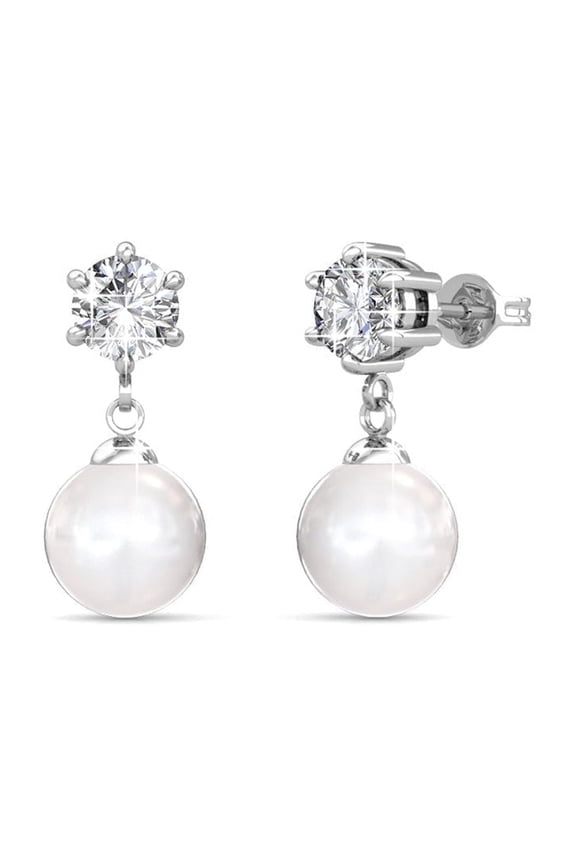 Kyra 18k White Gold Plated Shell Pearl Drop Earrings with Swarovski Crystals for Women