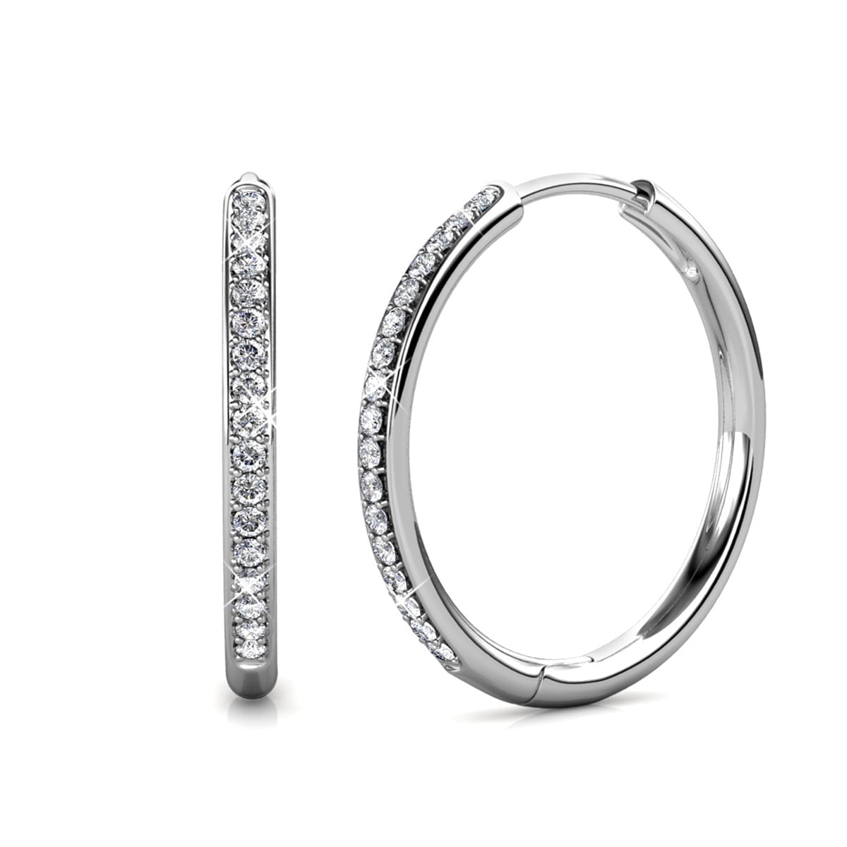 Cate & Chloe Leslie 18k White Gold Plated Silver Hoop Earrings with Swarovski Crystals, Women's Round Earrings, Jewelry Gift for Her