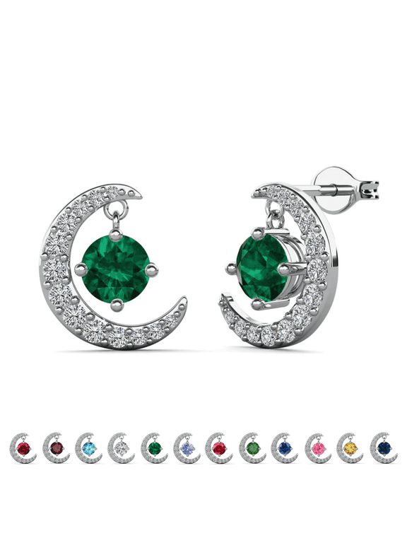 Luna May Birthstone 18k White Gold Plated Women Stud Earrings, Swarovski Crystals