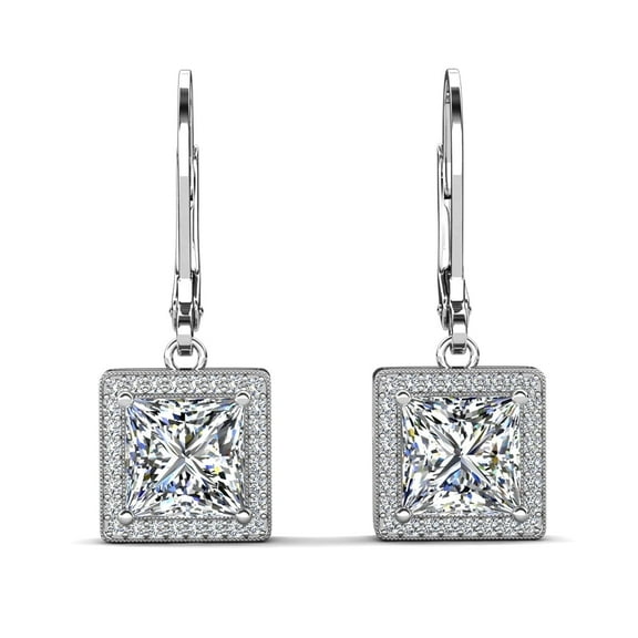 Cate & Chloe Maeve 18k White Gold Plated Drop Dangle Halo Earrings with Simulated Diamonds for Women