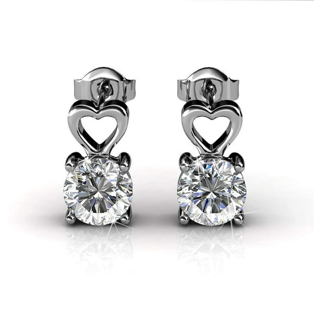 Cate & Chloe Marian Passion 18k White Gold Heart Earrings w/ Swarovski Crystals, Sparkling Silver Dangling Stud Earring, Solitaire Round Cut Diamond Crystals, Wedding Anniversary Jewelry MSRP - $119