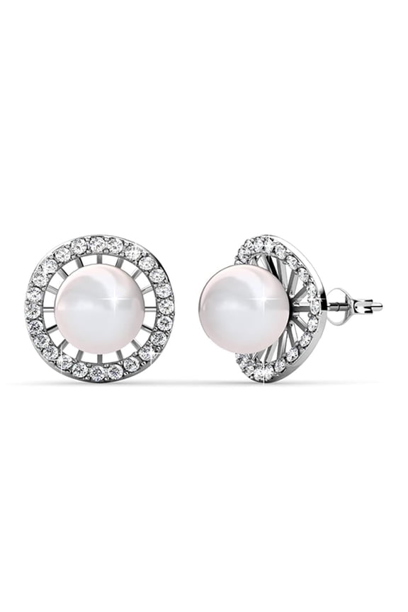 Nina White Gold Plated Classic Shell Pearl Women's Stud Earrings, Swarovski Crystals