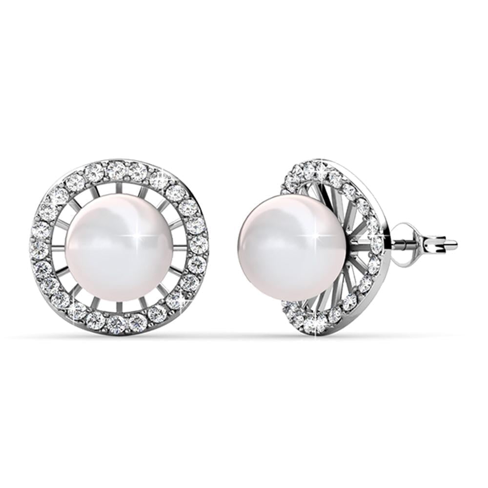 CATE & CHLOE Nina White Gold Plated Classic Shell Pearl Women's Stud Earrings, Swarovski Crystals