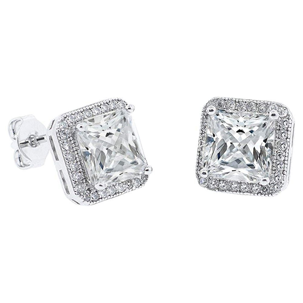 Cate & Chloe Norah 18k White Gold Plated Silver Stud Earrings with Crystals | Princess Cut CZ Earrings for Women - image 1 of 7
