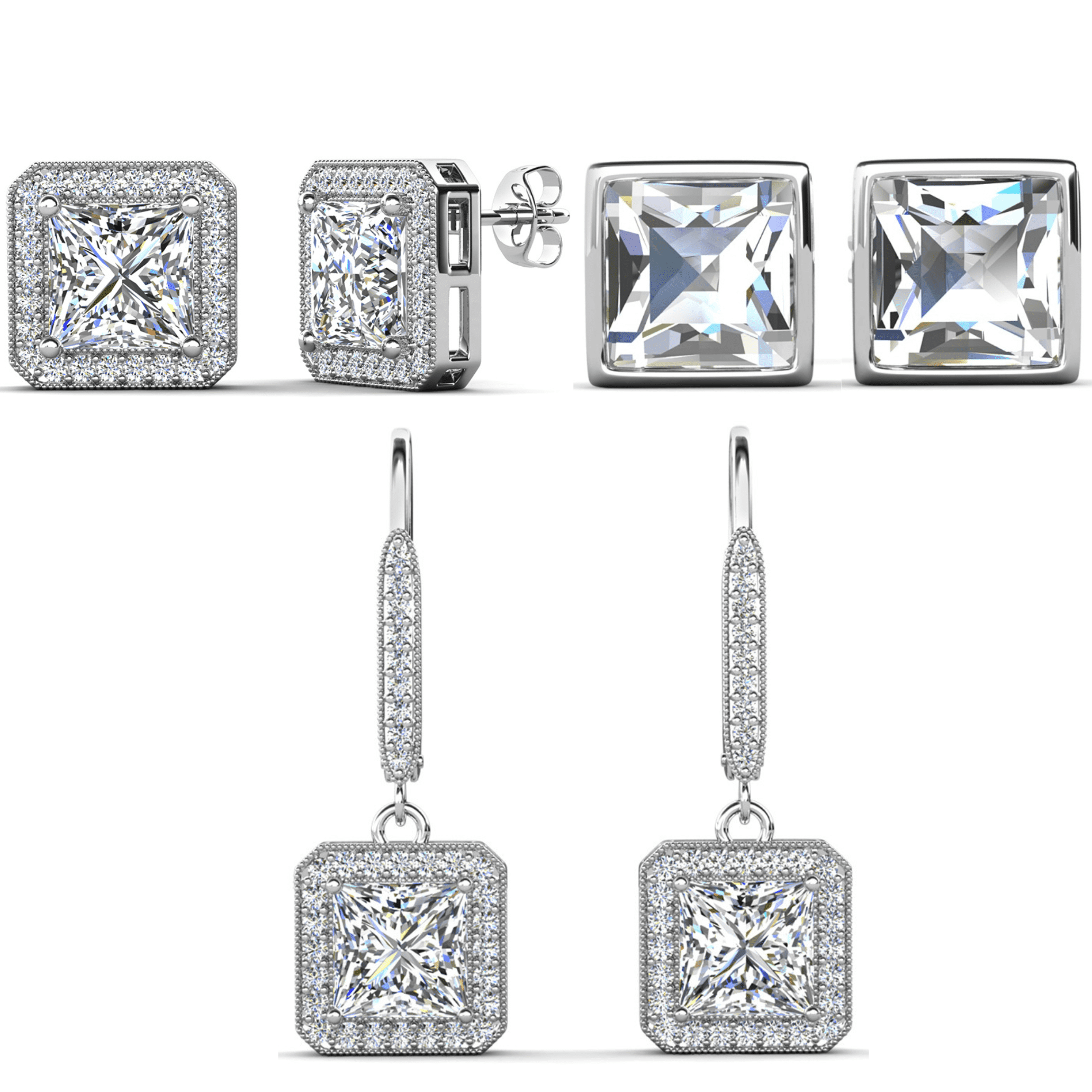 Cate & Chloe Pack of 3 - Norah, Ivy & Brooke 18k White Gold Plated Stud Earrings with Flawless Crystals for Women