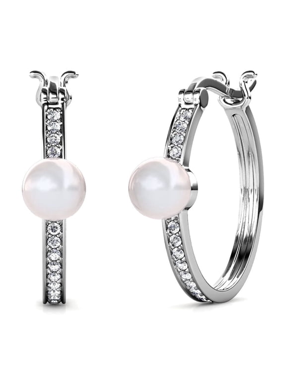 Nyla 18k White Gold Plated 22mm Pearl Hoop Earrings with Swarovski Crystals for Women