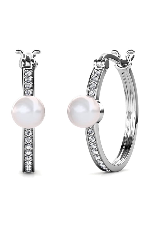 Nyla 18k White Gold Plated 22mm Pearl Hoop Earrings with Swarovski Crystals for Women