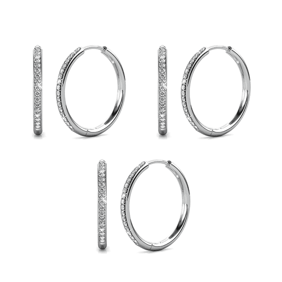 Cate & Chloe Pack of 3 - Bianca 18k White Gold Plated 25mm Hoop Earrings with Swarovski Crystals for Women