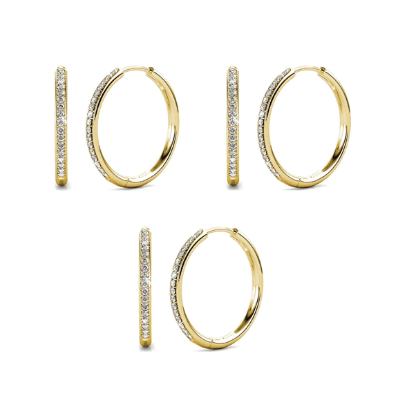 Cate & Chloe Pack of 3 - Bianca 18k Yellow Gold Plated 25mm Hoop Earrings with Swarovski Crystals for Women