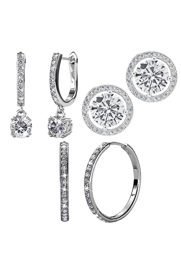 Pack of 3 - Bianca, Ariel & McKenzie 18k White Gold Plated Earrings with Swarovski Crystals for Women