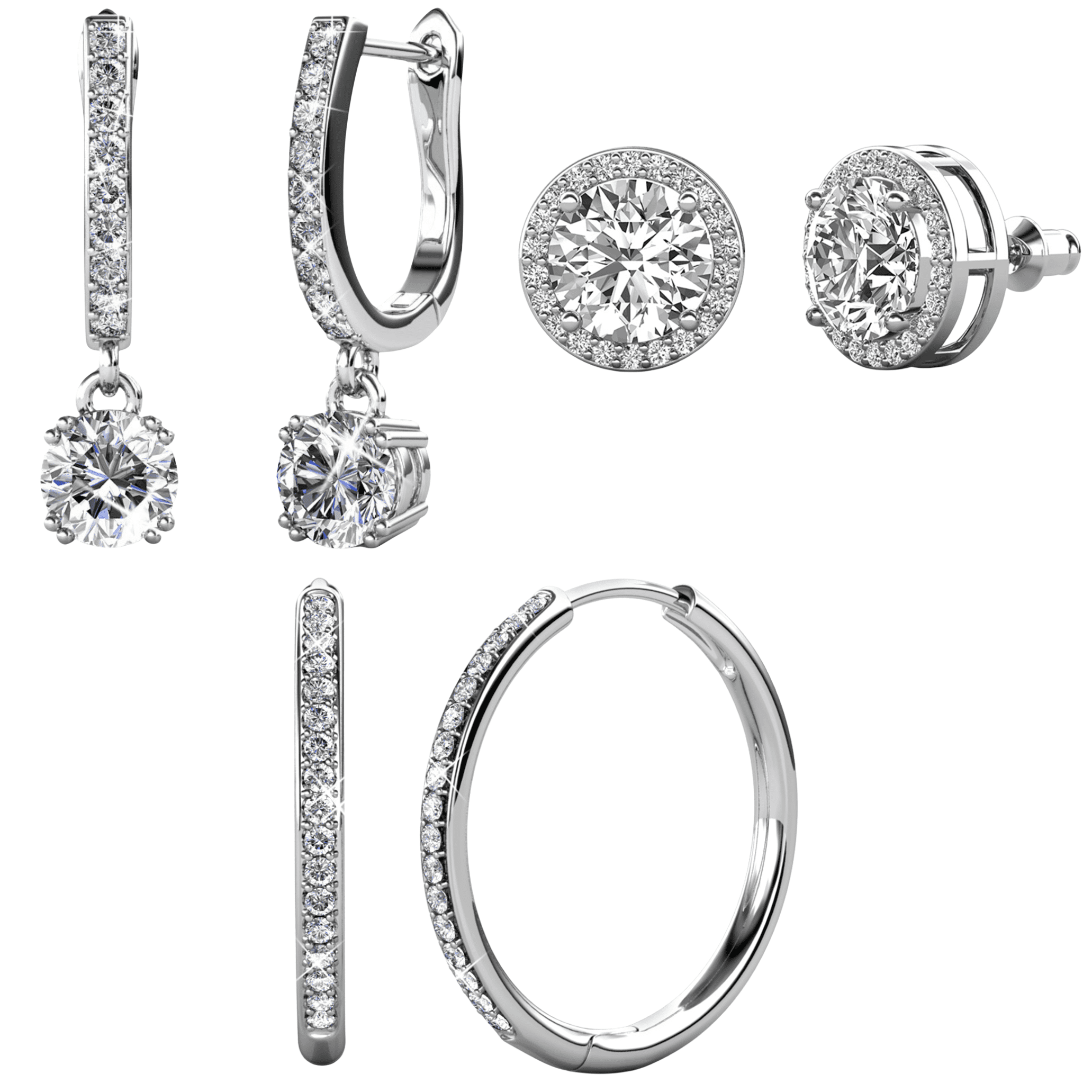 Cate & Chloe Pack of 3 - Bianca, Ariel & McKenzie 18k White Gold Plated Earrings with Swarovski Crystals for Women
