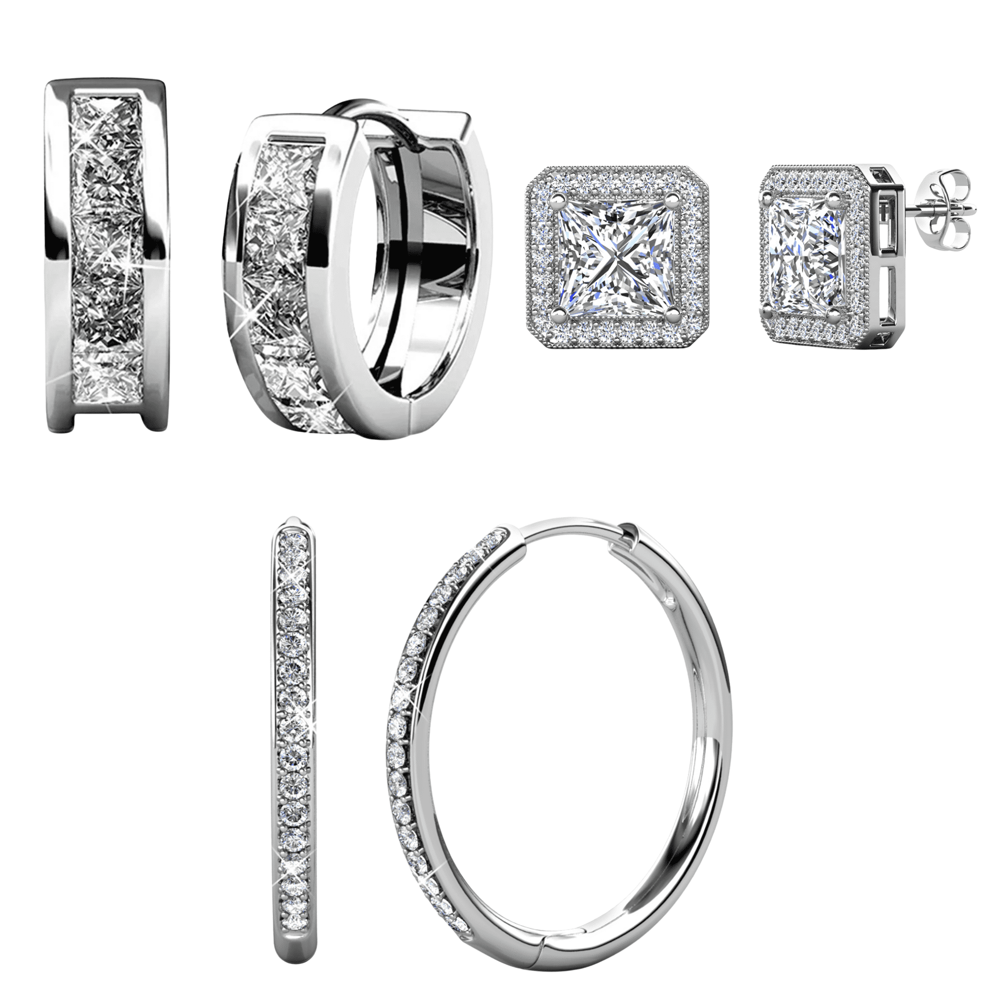 Cate & Chloe Pack of 3 - Bianca, Norah & Giselle 18k White Gold Plated Earrings with Swarovski Crystals for Women