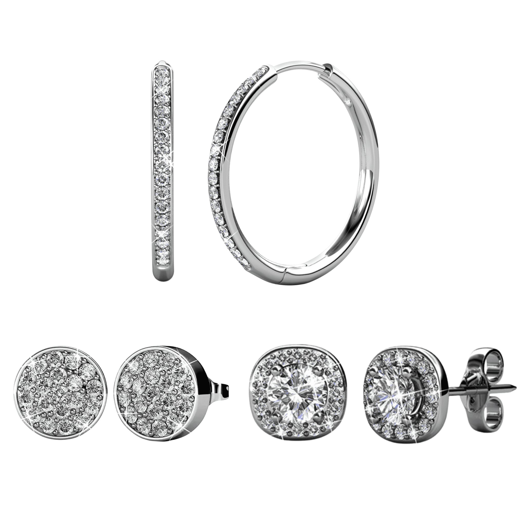 Cate & Chloe Pack of 3 - Bianca, Ruth & Nelly 18k White Gold Plated Earrings with Swarovski Crystals for Women