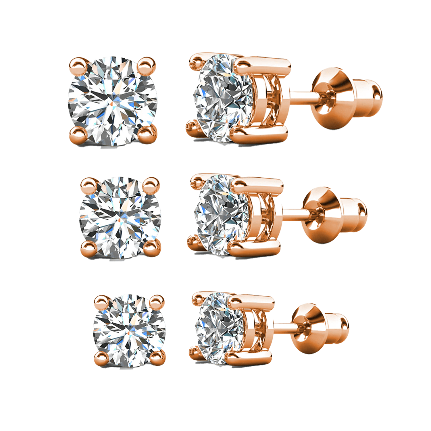 Cate & Chloe Pack of 3 - Mia 18k Rose Gold Plated Stud Earrings with Simulated Diamonds for Women