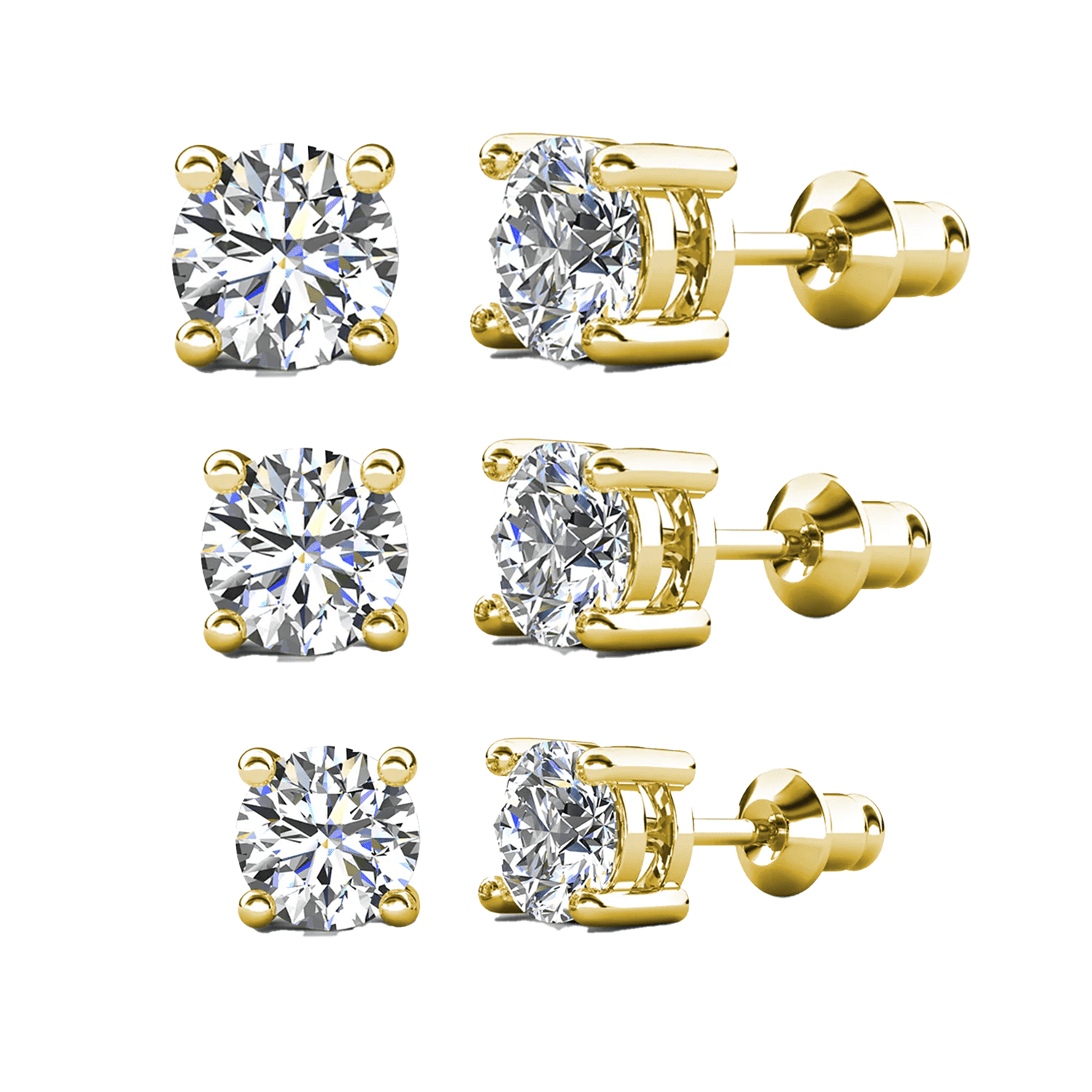 Cate & Chloe Pack of 3 - Mia 18k Yellow Gold Plated Stud Earrings with Simulated Diamonds for Women