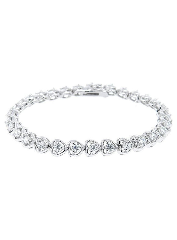 Cate & Chloe Rosalie 18k White Gold Plated Silver Heart Tennis Bracelet with Cubic Zirconia Crystals, CZ Heart Bracelet for Women
