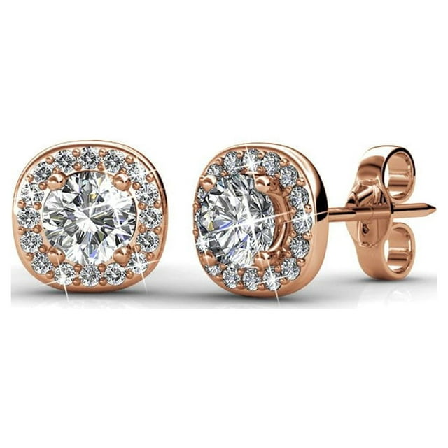 Cate & Chloe Ruth 18k Rose Gold Plated Halo Stud Earrings | Round Cut Crystal Earrings for Women