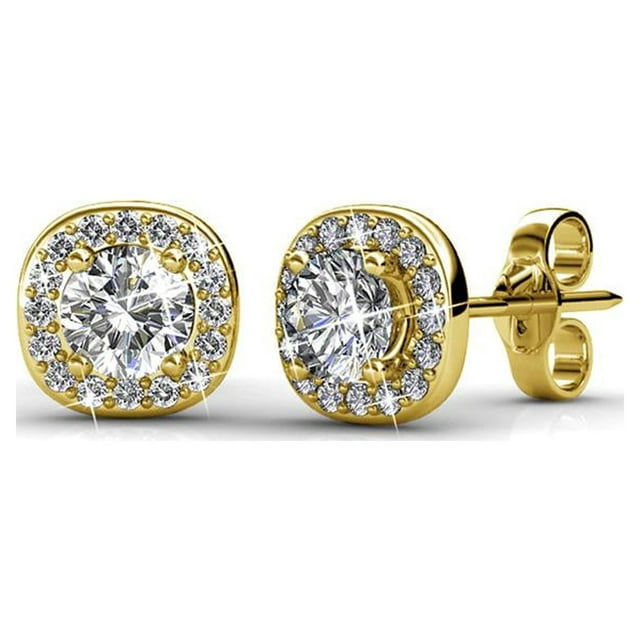 Cate & Chloe Ruth 18k Yellow Gold Plated Halo Stud Earrings | Round Cut Crystal Earrings for Women