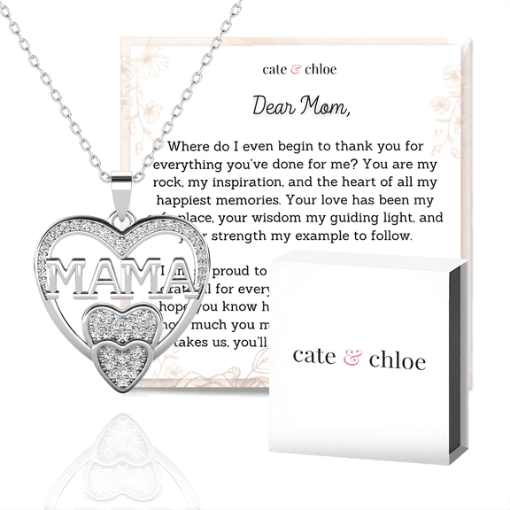 Cate & Chloe Selena 18k White Gold Plated Mama Necklace with Heartfelt Message Card, Gift for Mom