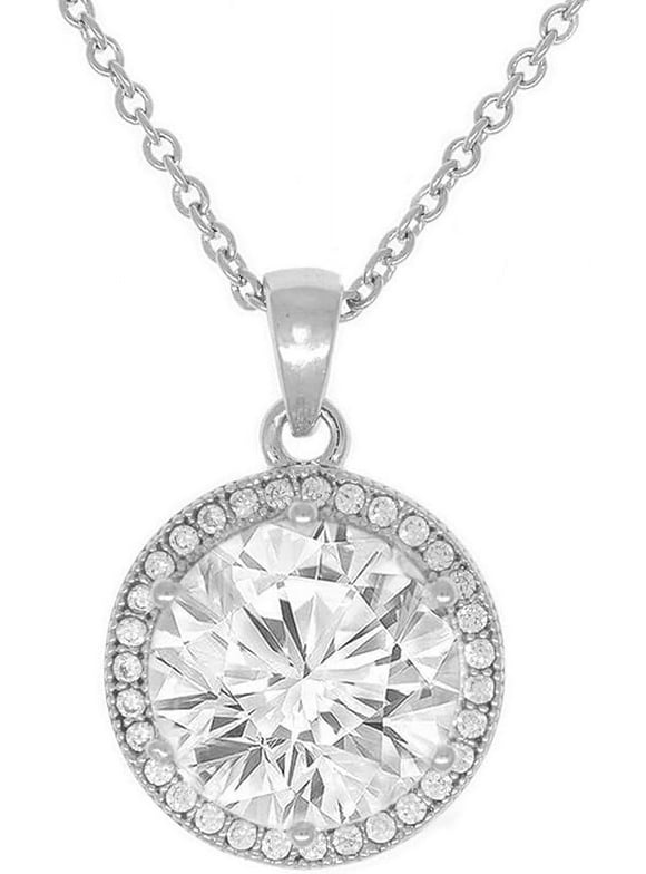 Cate & Chloe Sophia 18k White Gold Plated Silver Halo Necklace | Round Cut CZ Crystal Necklace for Women, Gift for Her