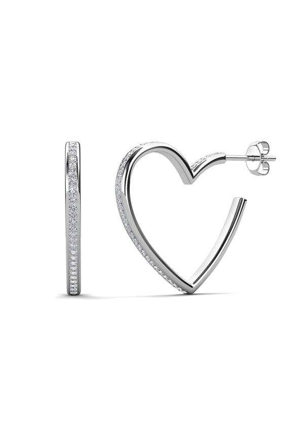 Sylvia 18k White Gold Plated 15mm Heart Hoop Earrings with Swarovski Crystals, Gift for Women