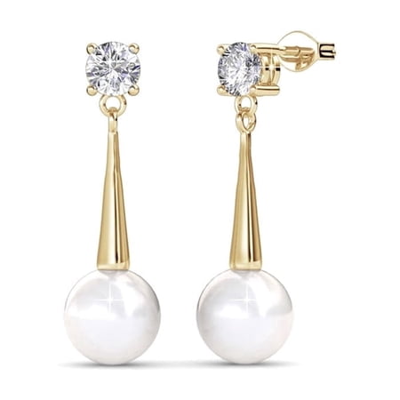 Cate & Chloe Tatum 18k Yellow Gold Plated Dangle Pearl Earrings with Swarovski Crystal for Women