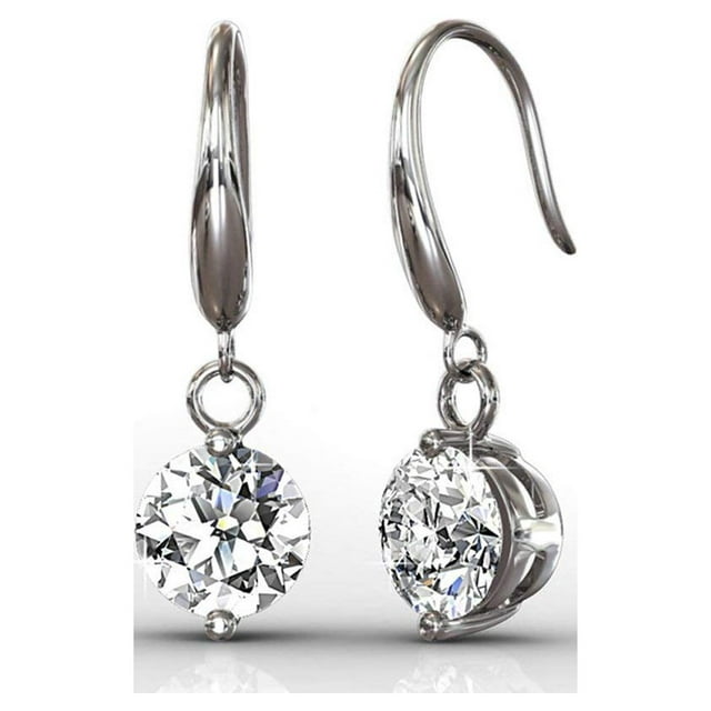 Cate & Chloe Veronica 18k White Gold Plated Silver Dangling Earrings with Swarovski Crystals | Sparkling Round Cut Solitaire Diamond Drop Earrings
