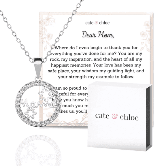 Cate & Chloe Willa 18k White Gold Plated Circle Mama Necklace with Heartfelt Message Card, Gift for Mom