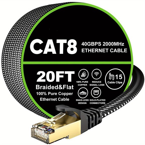 Category 8 Braided Ethernet Cable, Flat Braided, High Speed 40Gbps 2000MHz Internet Cable with Golden-Plated Connectors