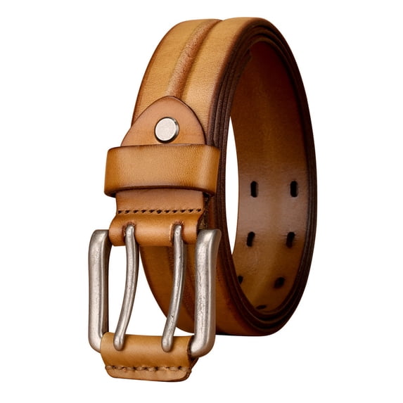 Catelles Men's Casual Vintage Camel Leather Belt, Vintage Pin Buckle, Business Casual Style, Comes with Gift Box And Hole Puncher&For waist 48in Width 1.5in(3.8cm)
