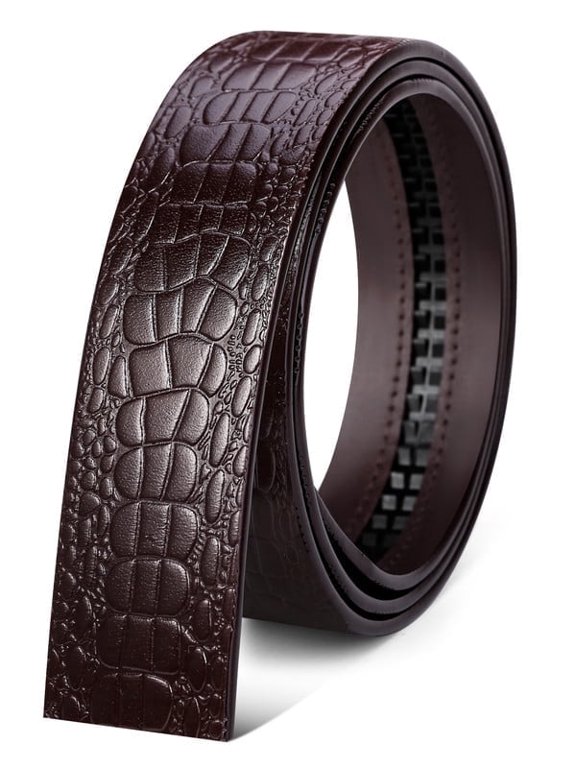 Catelles Men's Crocodile Pattern Headless Brown Belt - Genuine Leather Automatic Buckle Waistband, Durable Stylish for Business Casual Wear,Gifted by Box&For waist 50in Width 1.38in(3.5cm)