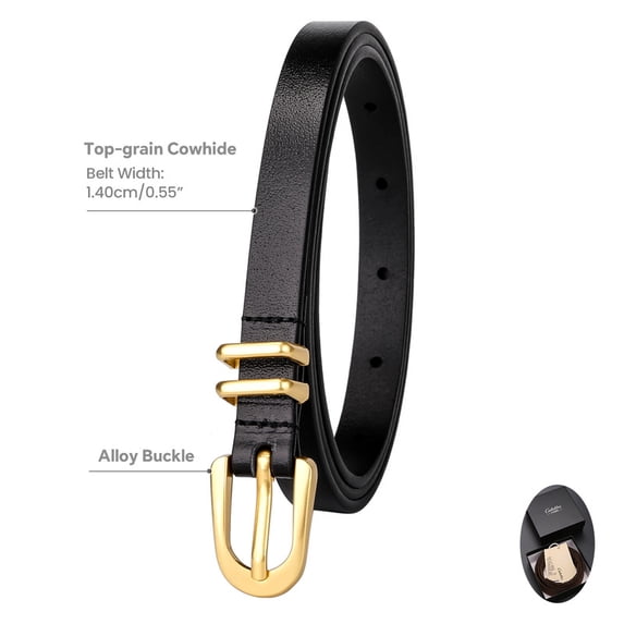 Catelles Women's 0.55" Slim Top-Grain Cowhide Black Leather Belt, Gold Alloy Pin Buckle Thin Dress Belt with Premium Gift Box