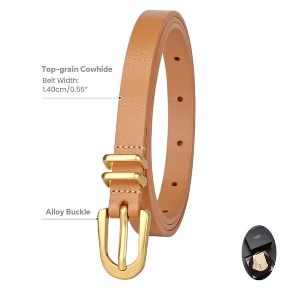 Catelles Women's 0.55" Slim Top-Grain Cowhide Camel Leather Belt, Gold Alloy Pin Buckle Thin Dress Belt with Premium Gift Box