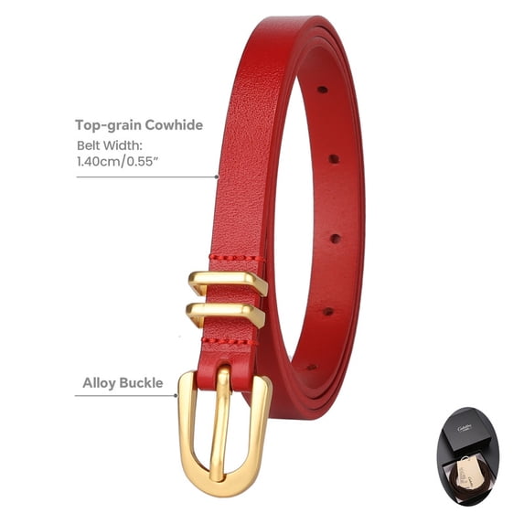 Catelles Women's 0.55" Slim Top-Grain Cowhide Red Leather Belt, Gold Alloy Pin Buckle Thin Dress Belt with Premium Gift Box