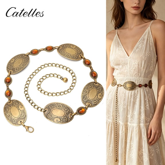 Catelles Women's Vintage Bronze Alloy Waist Chain, 119cm(46.85") One Size Adjustable Retro Carved Oval Decorative Waist Belt with Amber Inlay for Dresses Coats Boho Outfits