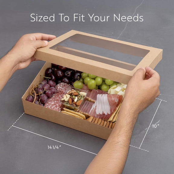 Cater Tek 14.3 x 10 x 3.2 Inch Kraft Paper Window Pastry Boxes with Insert Tab Lock for Baked Goods and Charcuterie - 10 Pack Easy Assembly Takeout Containers