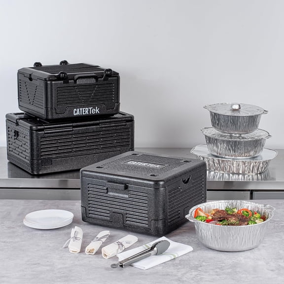 -Cater Tek 14 Quart Catering Hot Box, 1 Top Load Insulated Food Pan Carrier - Holds 1 Full Size 8” Deep Pan, Collapsible, Black EPP Plastic Food Box With Handles, Portable, For Buffet