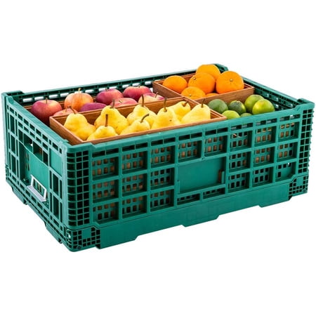 Cater Tek 36 Liter Collapsible Crate, 1 Stakable Storage Crate - With Handles, Mesh Design, Green Plastic Folding Crate, Heavy-Duty, For Home, Garage, Or Use