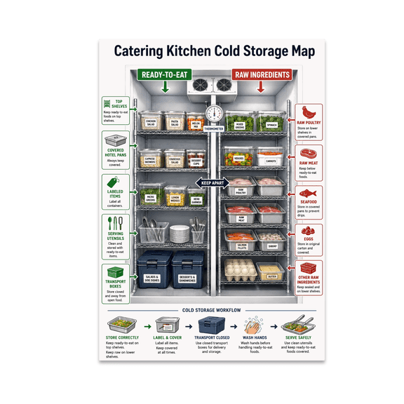 Catering Kitchen Cold Storage Map Poster, Catering Teams, Kitchen Managers, and Food Safety Training, 13x19 Glossy Paper