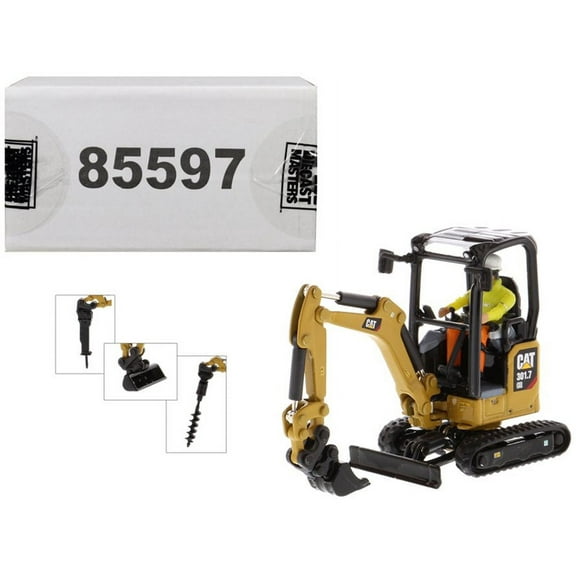 Caterpillar 301.7 CR Next Generation Mini Hydraulic Excavator with Work Tools and Operator, Yellow - Diecast Masters 85597 - 1/50 scale Diecast Replica