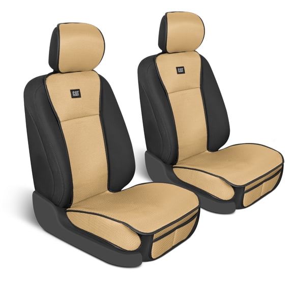 Caterpillar AeroMesh Beige Seat Covers for Trucks, Car, & SUV - (2) Front Truck Seat Cover Protector - Breathable Mesh Universal Fit Car Seat Covers - Automotive Seat Covers Top of Seat Protection