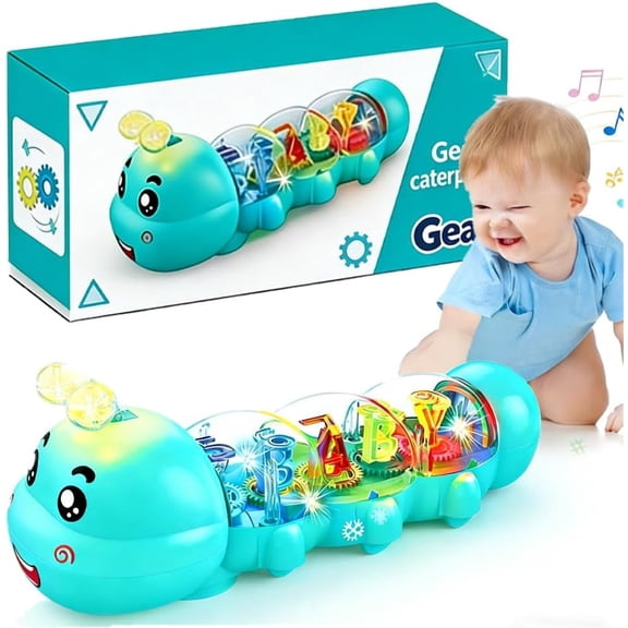 Caterpillar Design Tummy Time Toy, Crawling Toy with Light & Music Musical Light Up, Music Animal Toys, Captivating Light and Sound Effects, Birthday Gifts for Boys and Girl(Blue)