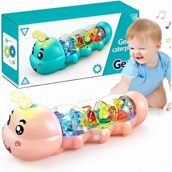 Caterpillar Design Tummy Time Toy, Crawling Toy with Light & Music Musical Light Up, Music Animal Toys, Captivating Light and Sound Effects, Birthday Gifts for Boys and Girl (Pink)