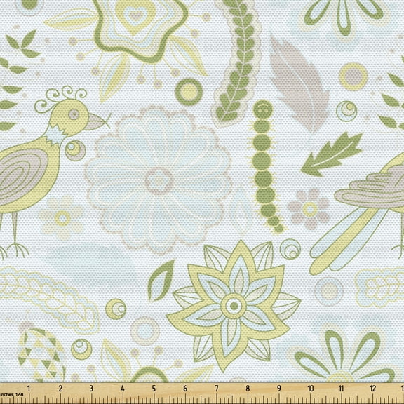 Ambesonne Caterpillar Fabric by the Yard Upholstery, Doodle Flower Birds, 5 Yards, Multicolor