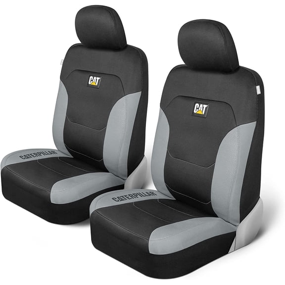 Caterpillar Flexfit Automotive Seat Covers for Cars Trucks and SUVs (Set of 2)  Black Seat Covers for Front Seats, Seat Protectors with Gray Honeycomb Trim, Auto Interior Covers