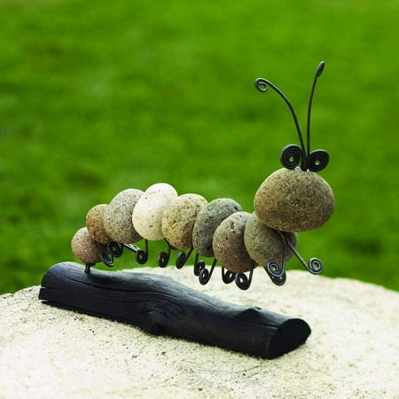 Happy Gardens Caterpillar Garden Statue, Handcrafted River Stone and Forged Metal Outdoor Garden Decor and Lawn Ornament